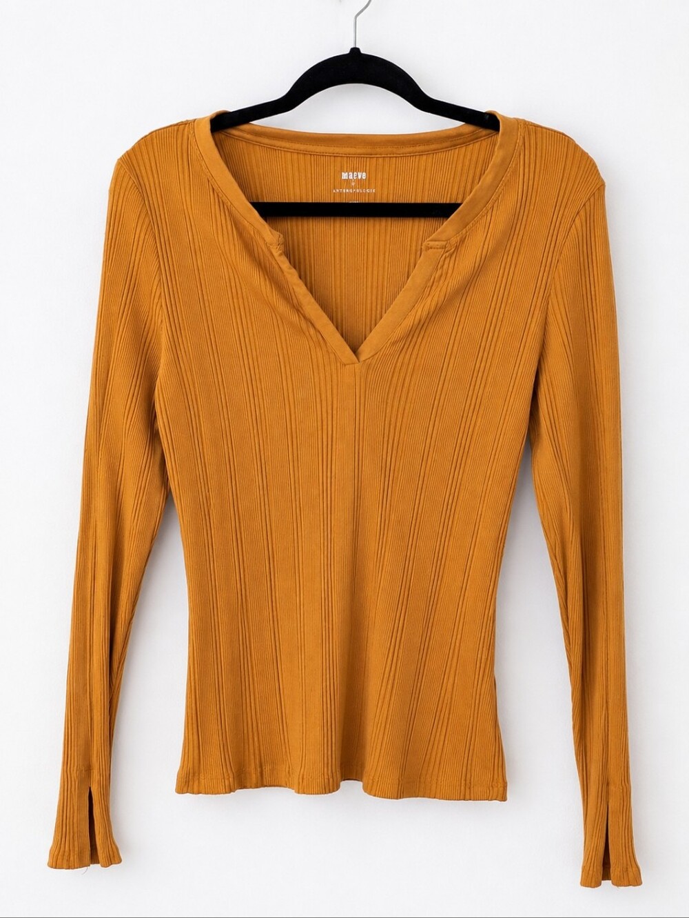 Maeve By Anthropologie Women's Mustard Ribbed V-Neck Long Sleeve Top Size L